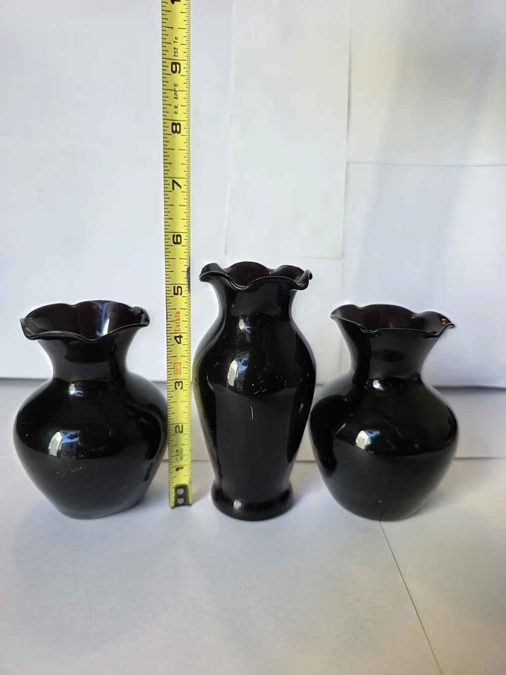 Vintage Black Amethyst Glass Vase Set 3 Ruffled Edge Flower Vases